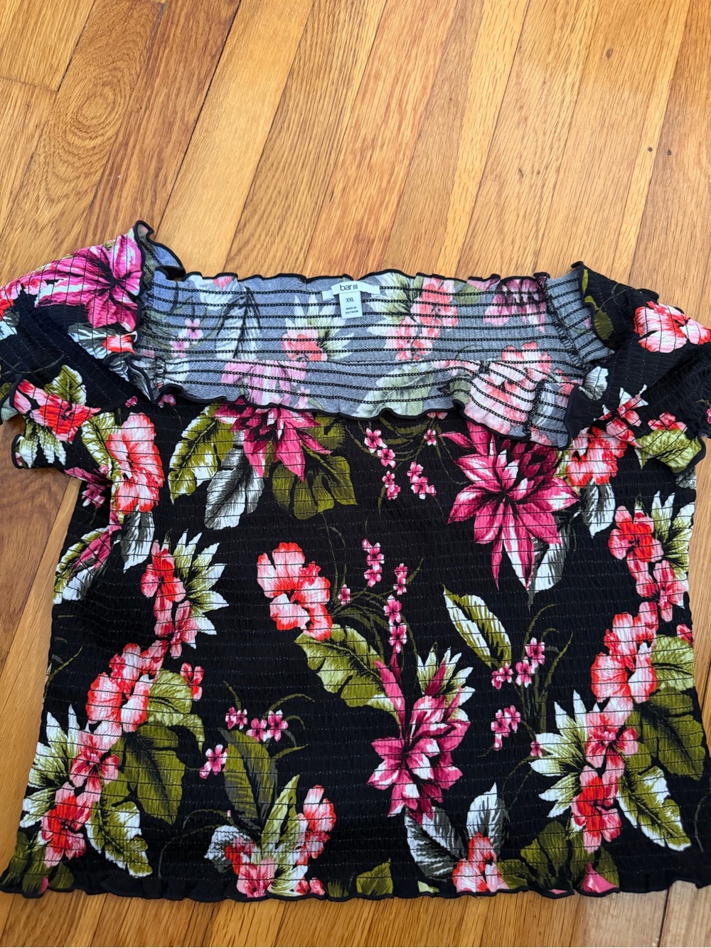 Bar III Black Floral Off-Shoulder Smocked Crop Top